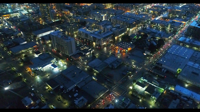 Aerial view of the downtown streets, the skyline and the buildings in Downtown San Diego.