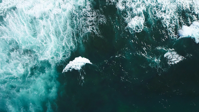 Aerial view of the beach, the surf and the ocean at La Jolla Cove.
