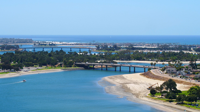 Aerial view of the beach, the bridge and boats in Mission Bay.