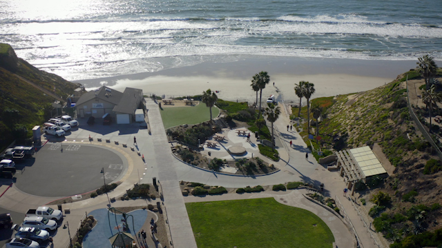 Aerial view of the beach, the surf and palm trees in Solana Beach, with people walking.