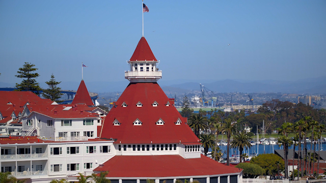 Elevated view of the downtown streets, boats and palm trees at Hotel Del Coronado.
