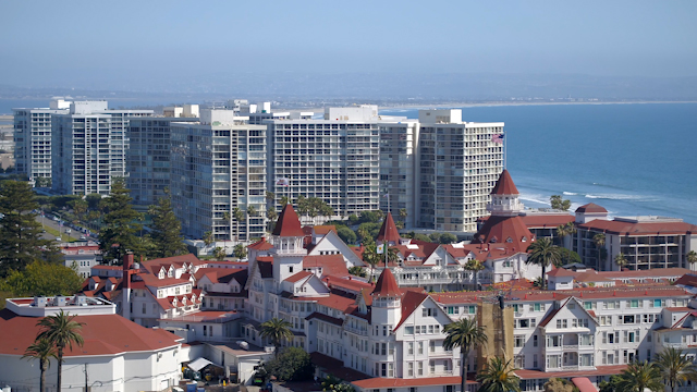 Aerial view of the beach, palm trees and the ocean at Hotel Del Coronado.