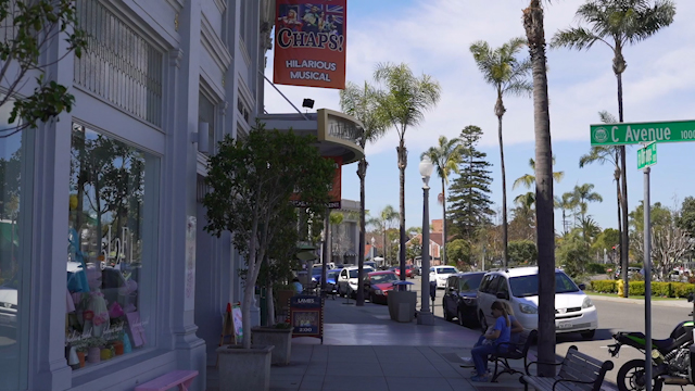 The downtown streets, palm trees and the buildings in Coronado, with people walking.