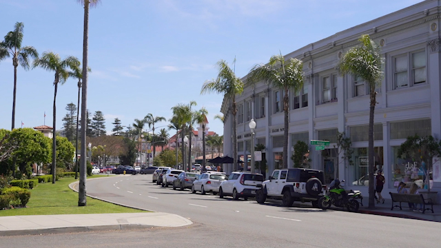 The downtown streets, palm trees and the buildings in Coronado, with people walking.