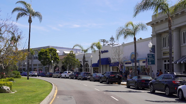 The downtown streets, palm trees and homes in Coronado, with people walking.