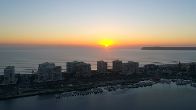 Aerial view of the beach, boats and the ocean in Coronado.