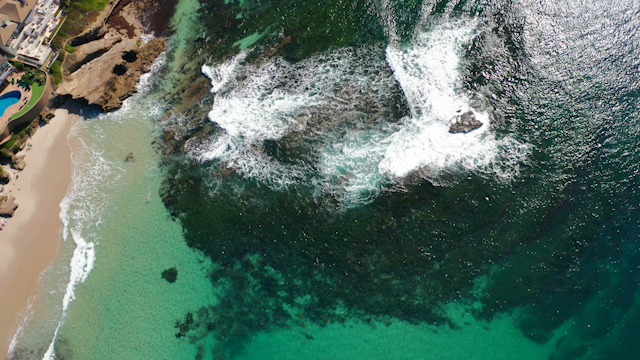 Aerial view of the beach, the surf and the ocean at Windansea.