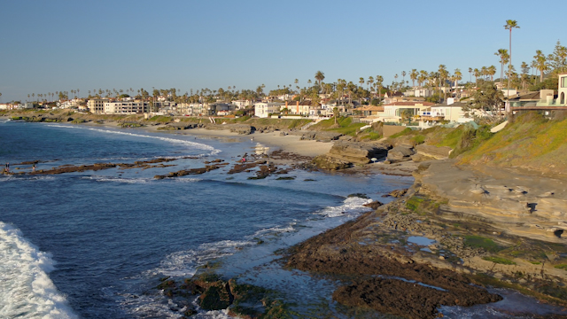 Low aerial view of the cliffs, palm trees and the ocean at Windansea, with people walking.