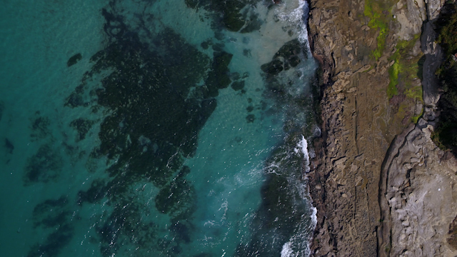 Aerial view of the cliffs, the surf and the ocean at Windansea.