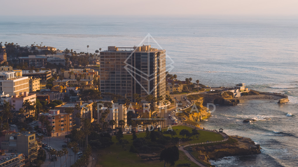 Aerial view of the cliffs, palm trees and the ocean at La Jolla Cove.