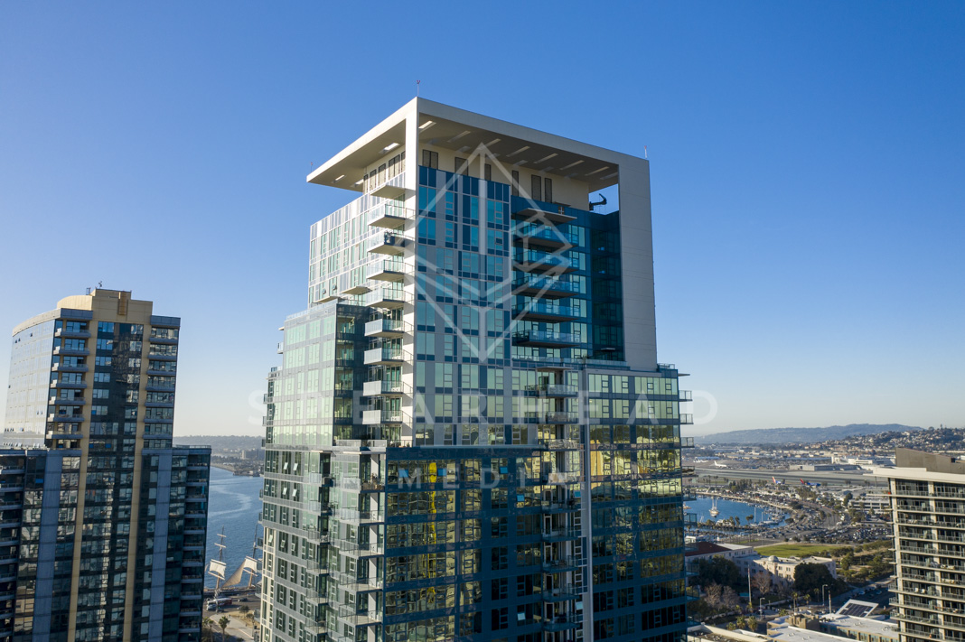 Aerial view of the downtown streets, the skyline and the bay at Waterfront.