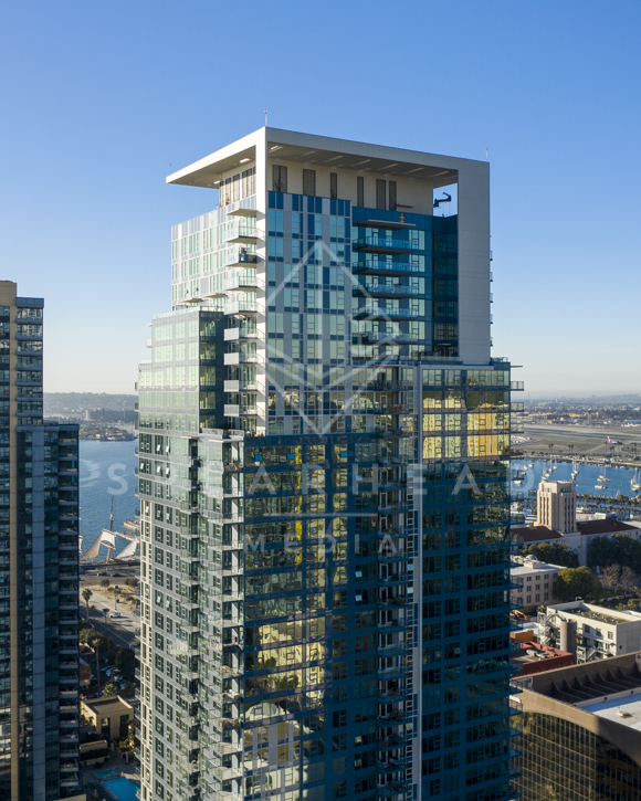 Aerial view of the downtown streets, the skyline and boats at Waterfront.