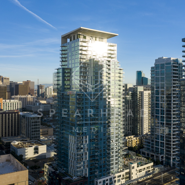Aerial view of the downtown streets, the skyline and the buildings at Waterfront.