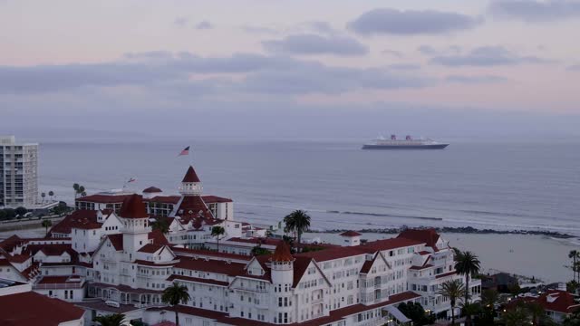 Low aerial view of the beach, boats and palm trees at Coronado Beach.