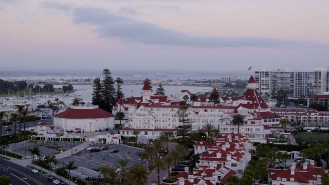Low aerial view of a residential street, boats and palm trees at Coronado Beach.