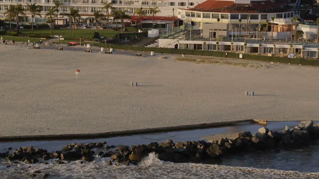 Low aerial view of the beach, palm trees and the ocean at Coronado Beach.