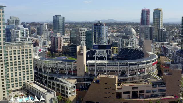 Aerial view of the downtown streets, the skyline and the buildings at Gaslamp.