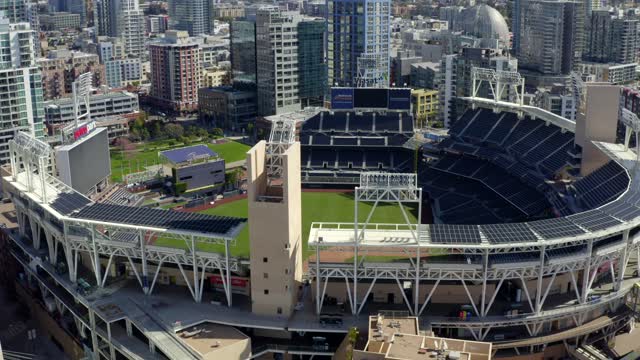 Aerial view of the downtown streets, the skyline and the buildings at Gaslamp.