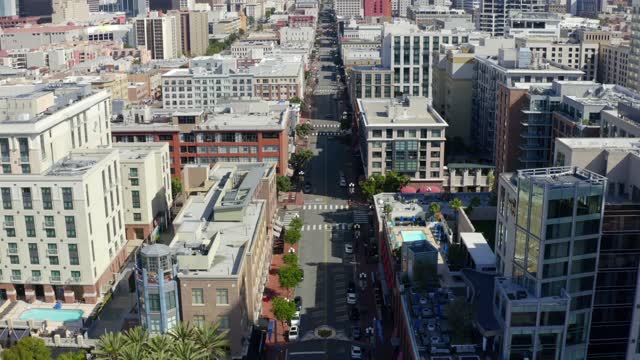 Aerial view of the downtown streets, the skyline and the buildings at Gaslamp, with people walking.