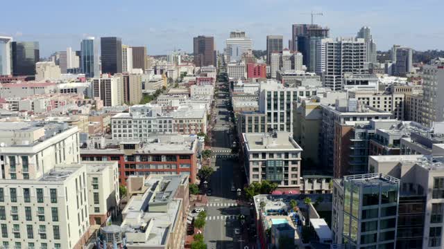Aerial view of the downtown streets, the skyline and the buildings at Gaslamp.
