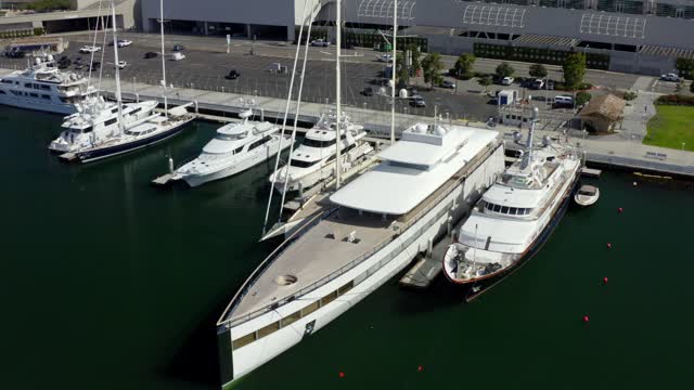 Low aerial view of the harbor, boats and the bay at Gaslamp.