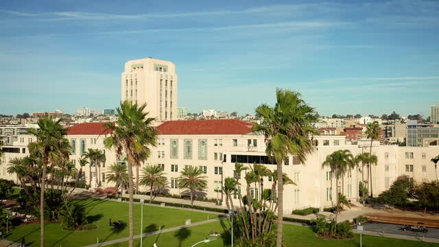 Elevated view of the downtown streets, the skyline and palm trees at Waterfront.