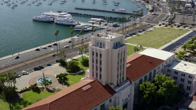 Aerial view of the harbor, boats and palm trees at Waterfront.