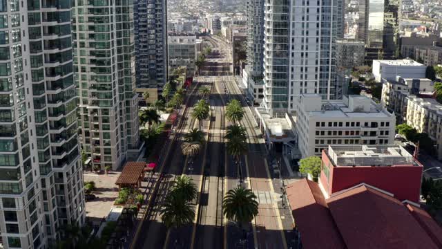 Low aerial view of the downtown streets, the skyline and palm trees at Waterfront.