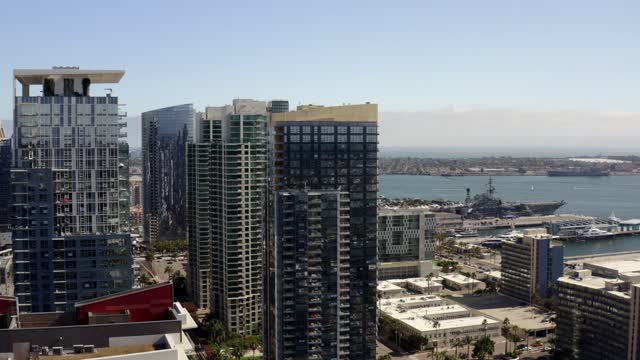 Aerial view of the downtown streets, the skyline and boats at Waterfront.