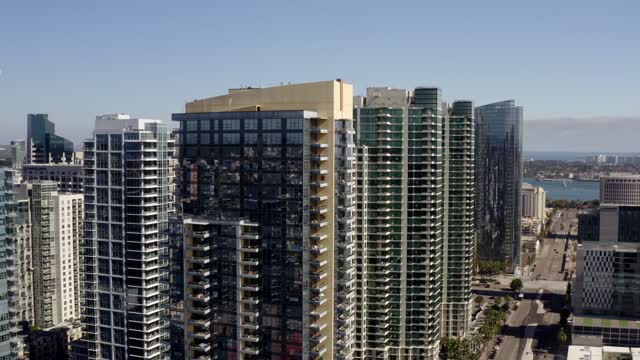 Aerial view of the downtown streets, the skyline and the bay at Waterfront.