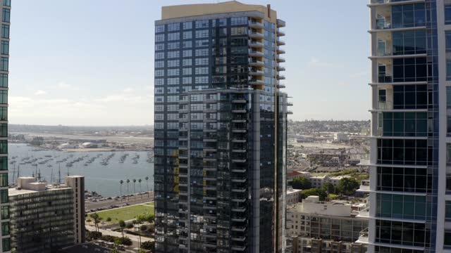 Aerial view of the downtown streets, the skyline and boats at Waterfront.