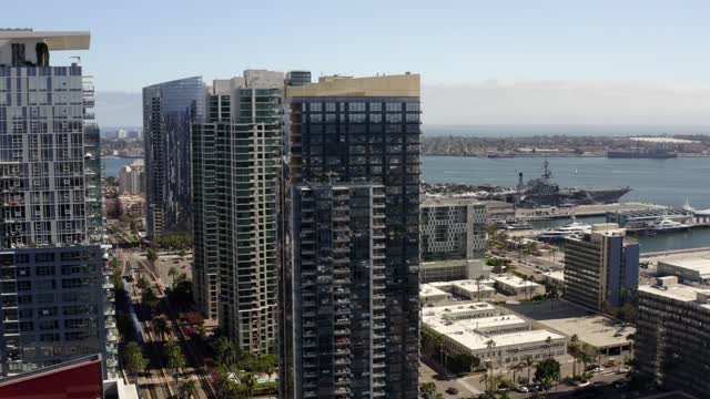 Aerial view of the downtown streets, the skyline and boats at Waterfront.