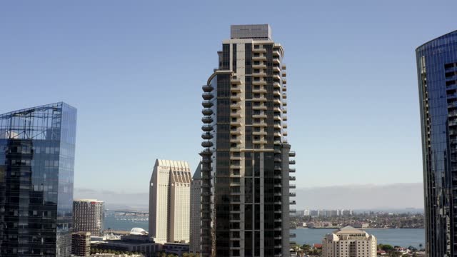 Aerial view of the downtown streets, the skyline and the bay at Waterfront.