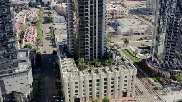 Aerial view of the downtown streets, the skyline and palm trees at Waterfront.