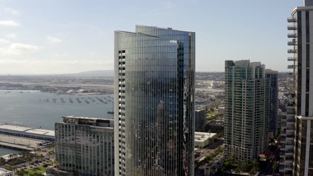 Aerial view of the downtown streets, the skyline and boats at Waterfront.