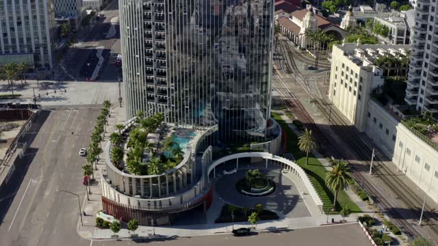 Aerial view of the downtown streets, palm trees and homes at Waterfront.