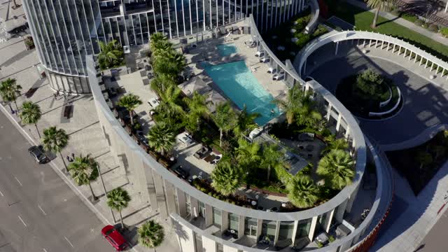 Aerial view of the downtown streets, palm trees and the buildings at Waterfront.