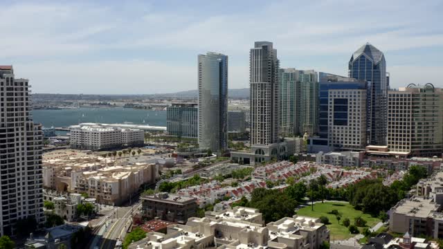 Aerial view of the downtown streets, the skyline and boats at Waterfront.