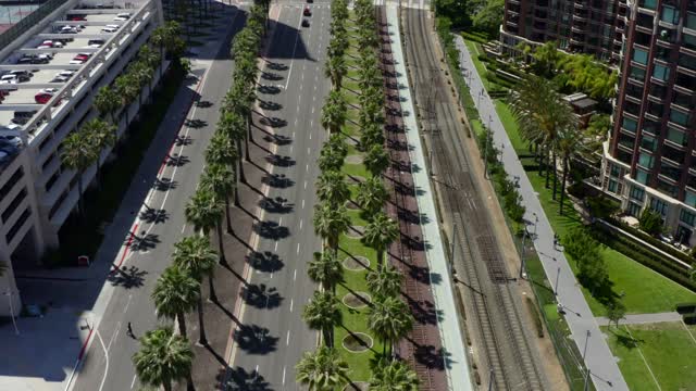 Low aerial view of the downtown streets, palm trees and homes at Marina.