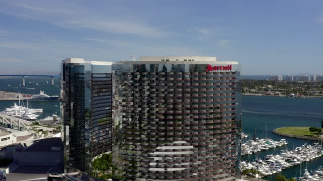Aerial view of the downtown streets, the bridge and boats at Marina.