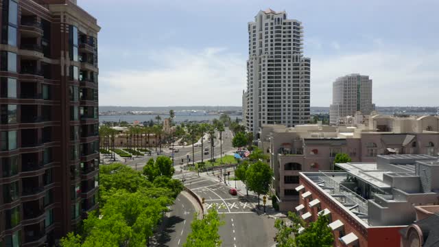 Low aerial view of the downtown streets, the skyline and palm trees at Marina.
