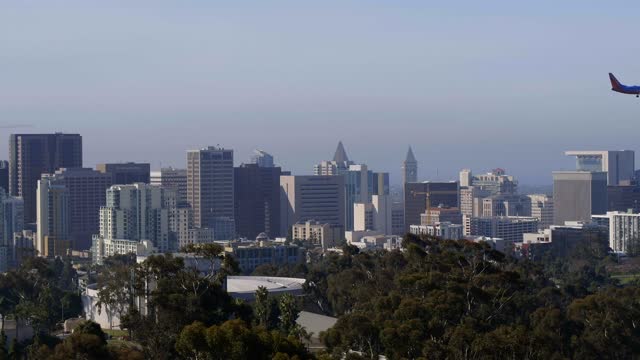 The downtown streets, the skyline and the buildings in Balboa Park.