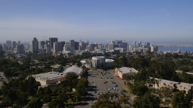 Aerial view of the downtown streets, the skyline and the bay in Balboa Park.