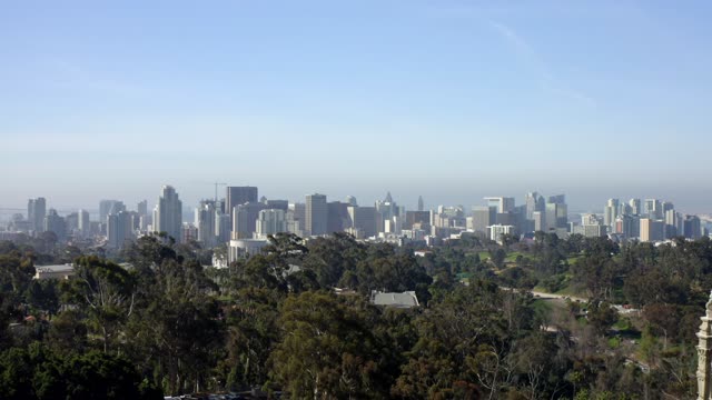 A park, the skyline and the buildings in Balboa Park.
