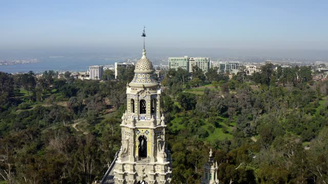 Aerial view of a park, the skyline and the bay in Balboa Park.