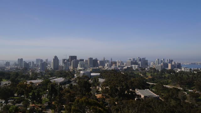 Aerial view of the downtown streets, the skyline and homes in Balboa Park.