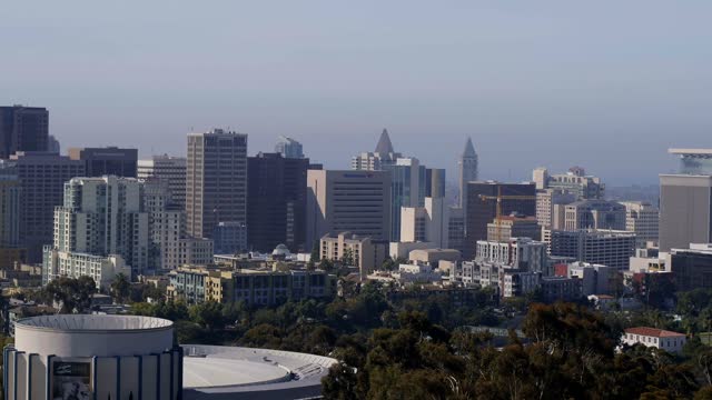 Elevated view of the downtown streets, the skyline and the buildings in Balboa Park.