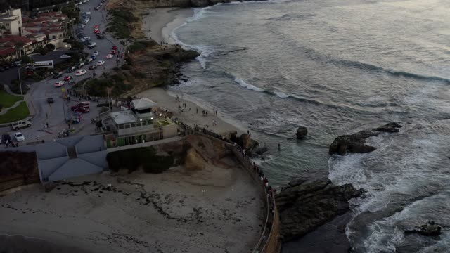 Aerial view of the beach, the surf and the ocean at La Jolla Cove, with people walking.