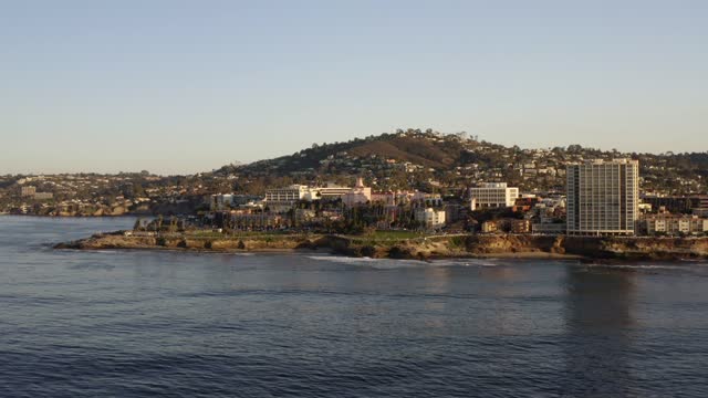 Aerial view of the cliffs, palm trees and the ocean at La Jolla Cove.