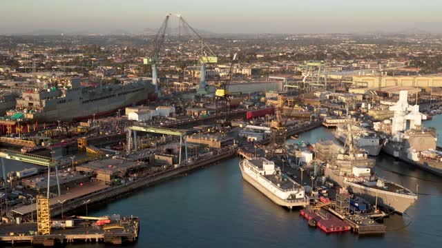 Aerial view of the harbor, boats and the bay in San Diego.